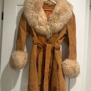 Women's Tan Suede Coat with Faux Fur Collar and Cuffs